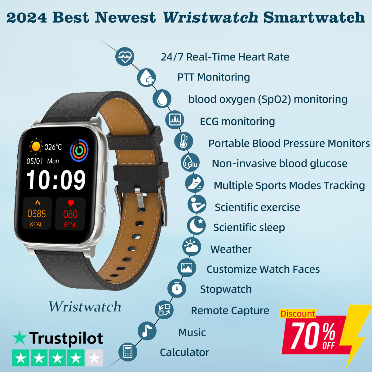 Best PulseNexa ® 2024 Newest Wristwatch with BP+24/7PTT+HR+ECG+ BG+SpO2 Health Monitoring🔥